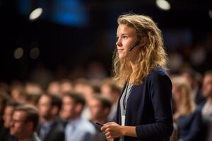 young woman giving a talk at a conference in a bright stage with photo