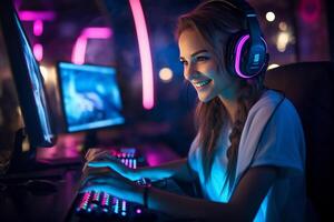 a happy gamer woman wearing headphones is using a computer at night with photo