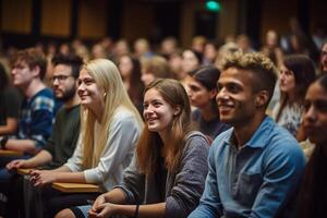 students listening to lecture at a lecture theatre with Generative AI photo