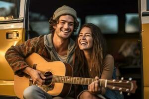 parejas sonriente con guitarra en su camioneta con generativo ai foto