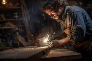 carpintero utilizando un Sierra en madera en el taller con generativo ai foto