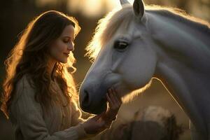 a young happy woman touching a horse with Generative AI photo