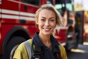 un sonriente hembra bombero en frente de el fuego camión con generativo ai foto