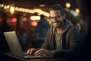 smiling man working on laptop working with laptop with Generative AI photo