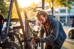 contento hombre fijación bicicleta en un bicicleta estante con generativo ai foto