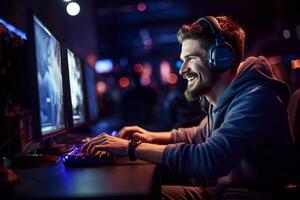 a happy gamer man wearing headphones is using a computer at night with photo