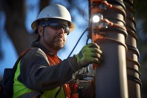 a electrician fixing power pole with photo