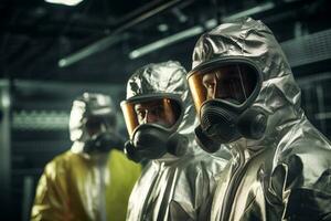 two engineering workers in protective suit standing in a factory with Generative AI photo