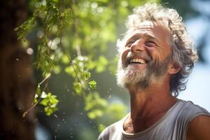 a happy man is thinning and trimming tree with Generative AI photo