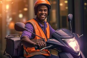smiling delivery man with backpack on his scooter with photo