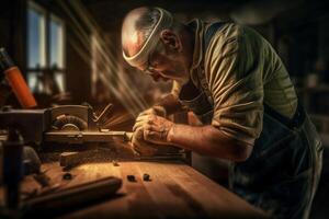 carpintero utilizando un Sierra en madera en el taller con generativo ai foto