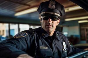 male police officer speaking on the radio with police car behind him with photo