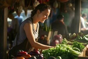 a smiling female farmer preparing fruits and vegetables for sale at farmers market with Generative AI photo