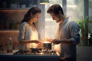 contento mujer y hombre Cocinando y preparando comida en el cocina con generativo ai foto