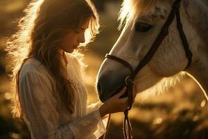 a young happy woman touching a horse with Generative AI photo