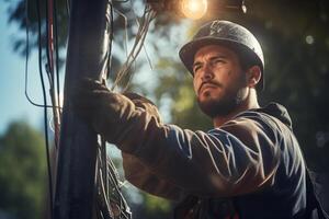 a electrician fixing power pole with photo
