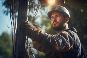 a electrician fixing power pole with Generative AI photo