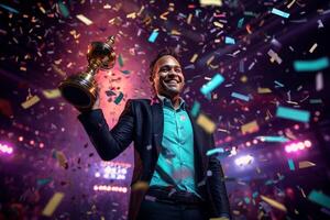 a happy winner on stage holding trophy in his hands with colorful light confetti with photo