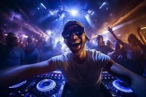 happy people and dj at the music party in the dark night club with photo