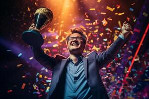 a happy winner on stage holding trophy in his hands with colorful light confetti with photo