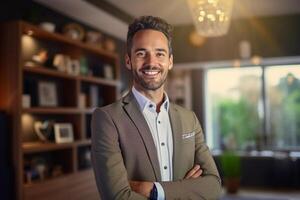 smiling male Real Estate Agent in a suit stands in new home with photo