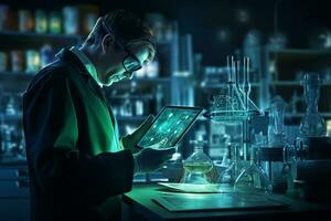 a chemistry lab man with tablet in the laboratory with Generative AI photo