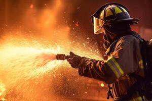 firefighter spraying hose on the fire at fire with Generative AI photo