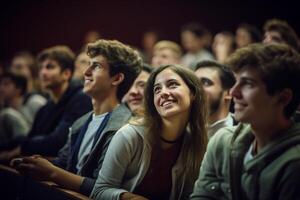 students listening to lecture at a lecture theatre with photo