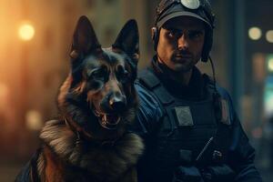 policeman with his german shepard with Generative AI photo