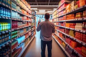 a happy man uses her cell phone in a supermarket with Generative AI photo