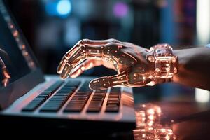 a person is using an artificial hand on their computer with photo