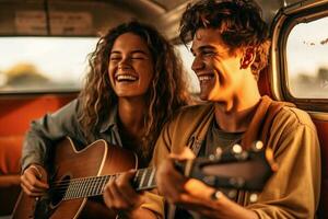 parejas sonriente con guitarra en su camioneta con generativo ai foto