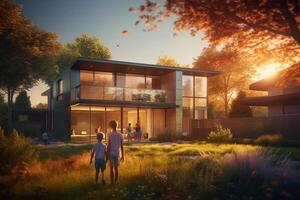 family looking at a brand new house together with photo