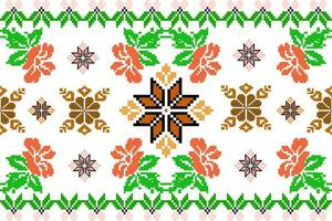 Floral Cross Stitch Embroidery on white background.geometric ethnic oriental seamless pattern traditional.Aztec style abstract vector illustration.design for texture,fabric,clothing,wrapping,sarong.