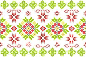 Floral Cross Stitch Embroidery on white background.geometric ethnic oriental seamless pattern traditional.Aztec style abstract vector illustration.design for texture,fabric,clothing,wrapping,sarong.