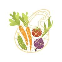 Respetuoso del medio ambiente mimbre comprador bolso con vegetales. cebolla, zanahoria, tomate y Pepino. sano estilo de vida. veganismo ambiente proteccion. No el plastico. cero residuos concepto. para pegatinas, diseño elementos vector