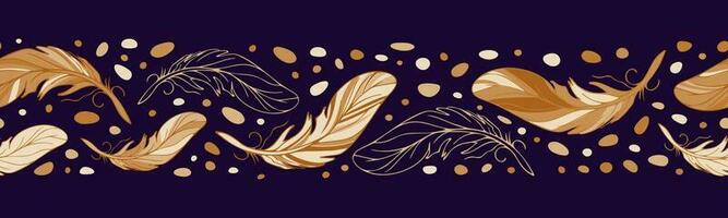Golden feathers, phoenix, firebird. Feathers seamless bright ethnic border in boho style. Tribal theme, Indians, dream catchers, boho chic. For wallpaper, fabric, wrapping, background vector
