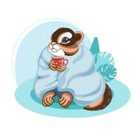 Cute childish illustration. Chipmunk in a blanket with a mug of cocoa. Illustration in blue colors. for nursery, posters, stickers, postcards, printing on fabric. vector