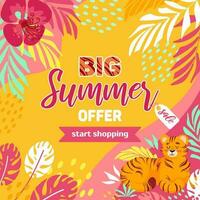 Bright summer square sale banner. Tiger, tropical leaves and flowers. In bright pink yellow neon colors. Hippie, psychedelic. For advertising, website, flyer. vector