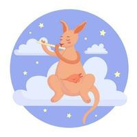 Cute children s illustration for decorating a nursery, postcards, posters, books, printing on clothes. A mother kangaroo plays a lullaby for her sleeping baby, sitting on a cloud among the stars. vector