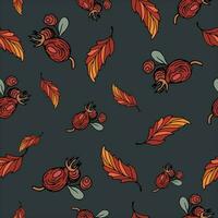 Rose hips, cranberries. Orange autumn tree leaves. Seamless bright pattern with floral motif. Sketch style. For wallpaper, printing on fabric, packaging, background. vector