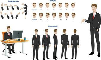 A business man character model sheet for animation. Woman character model sheet with lips sync, hand gesture, turn around sheet vector