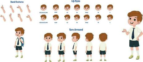 A School boy character model sheet. Student creation set. Male turnaround sheet vector