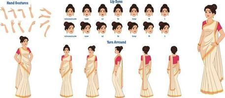 A Indian woman character model sheet. Woman creation set. Girl turnaround sheet, hand gestures, lip sync vector