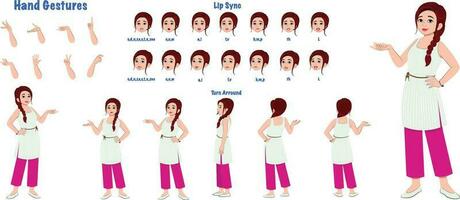 A Female model sheet. Woman creation set. Girl turnaround sheet, hand gestures, lip sync vector