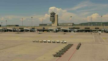 Air travel aviation scene of commercial airplane landing at airport terminal video