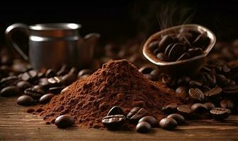 Coffee beans and ground coffee on wooden background. Selective focus. photo