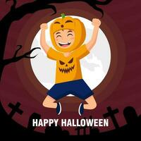 Kids halloween vector illustration in Pumpkin costume. halloween party poster or invitation vector template. Vector eps 10