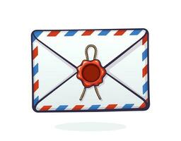 Vector illustration. Closed mail white envelope with red and blue stripes, red wax seal and rope. Not read incoming message. Symbol of communication. Graphic with contour. Isolated white background