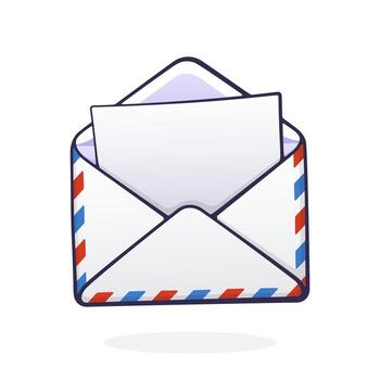 dibujos animados ilustración. abrió correo sobre con rojo y azul rayas. entrante mensaje tiene estado leer. símbolo de comunicación y Internet carta. gráfico con contorno. aislado blanco antecedentes vector